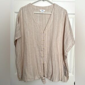 Striped Tie Front Cap Sleeve Linen Top XXXL (22) NWT Tan Beige Brown Cream